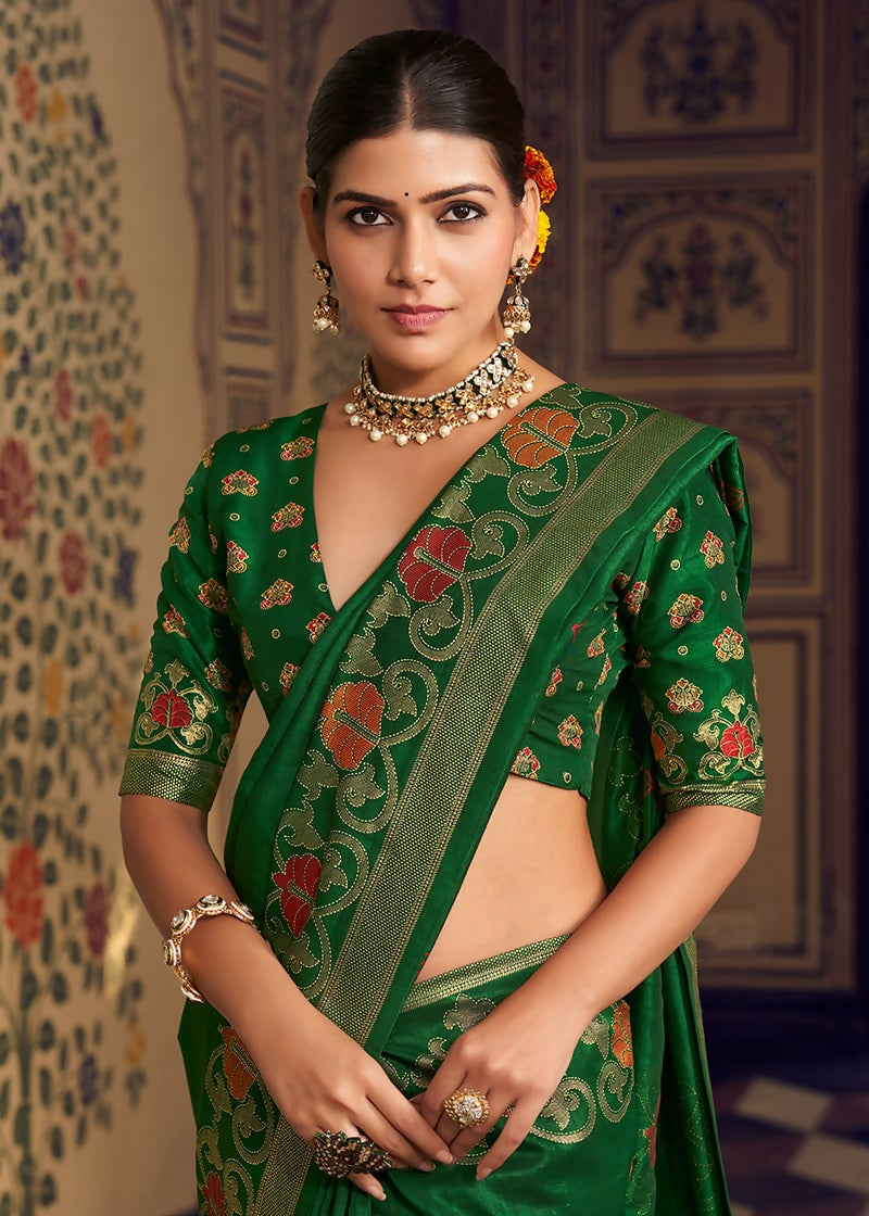 Monjolika Fashion Dark Green Silk Blend Banarasi Zari Work Classic Saree - Distacart