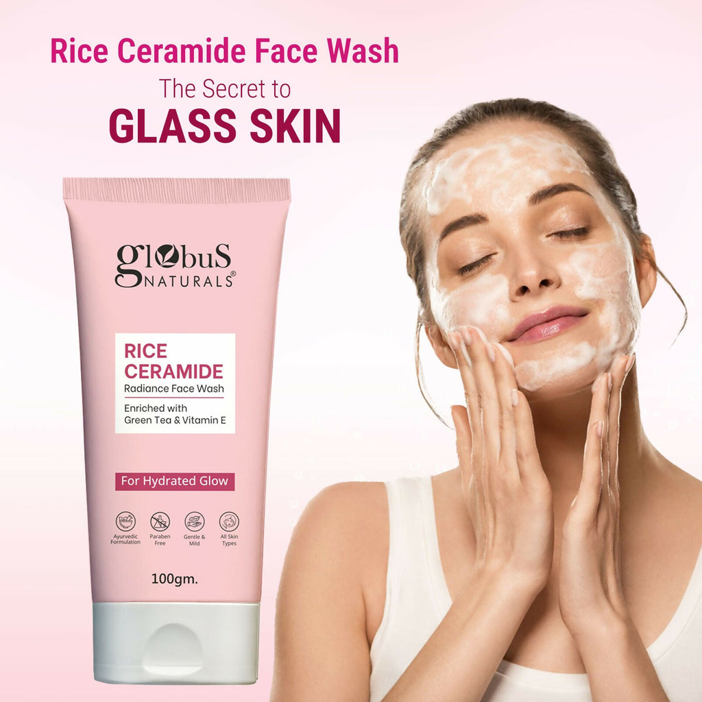Globus Naturals Rice Ceramide Face Wash For Hydrated Glow, Enriched with Green Tea & Vitamin E
