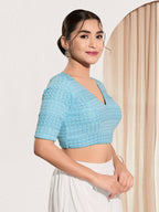 Joban Fashion Light Blue Crochet Padded Blouse With V Neck Elbow Sleeves - Distacart