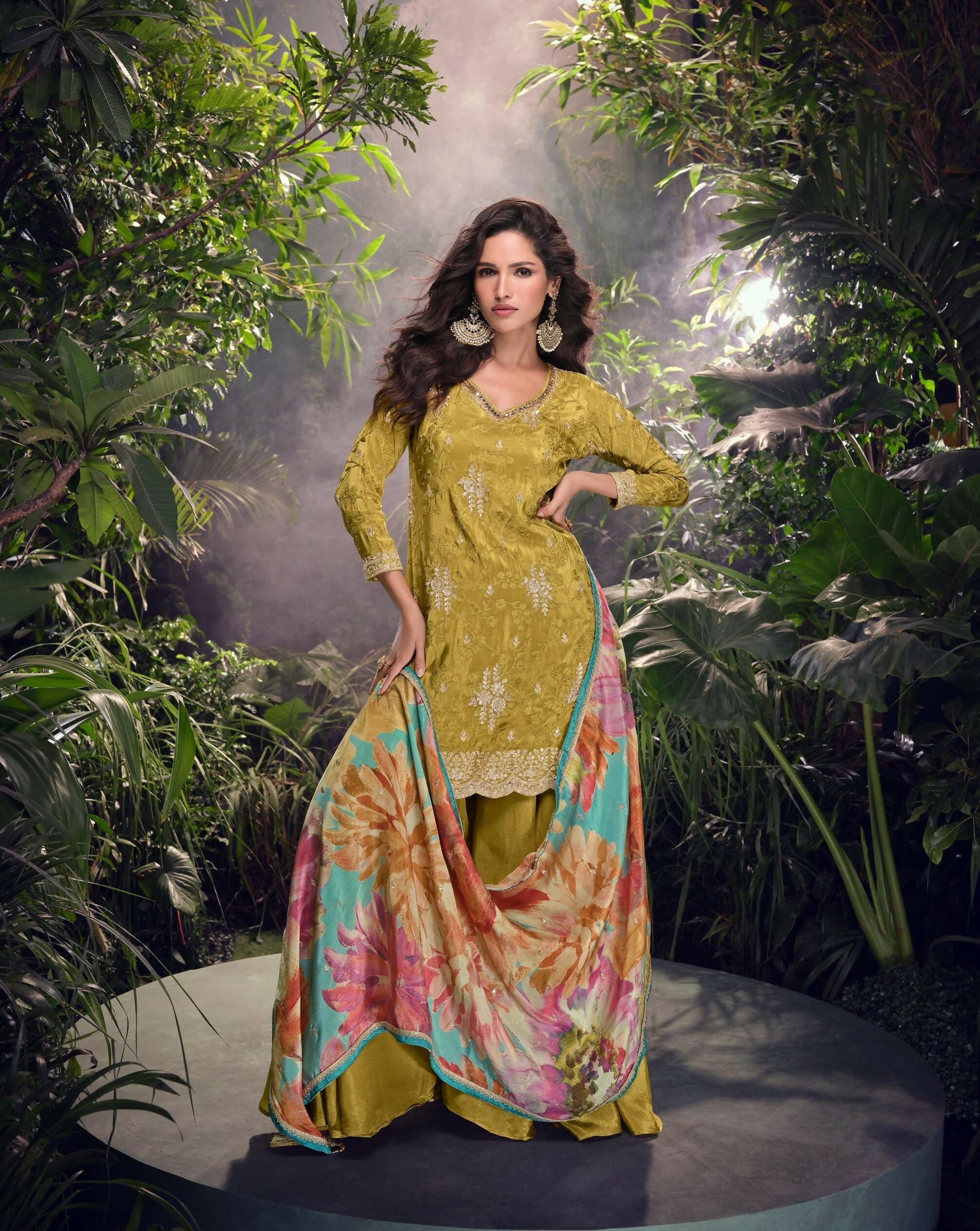 Anaita Mustard Embroidered Shimmer Stitched Plazo suit - Distacart