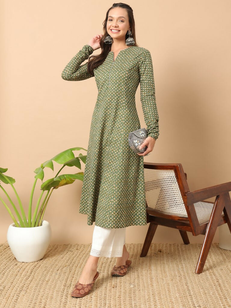 FIORRA Women's Floral Printed Red Cotton A-Line Kurta