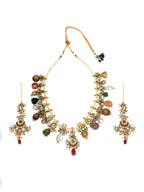 Long Kundan Neckpiece with Earrings with Multi Stones Jewellery Set (Gold) - Ruby Raang