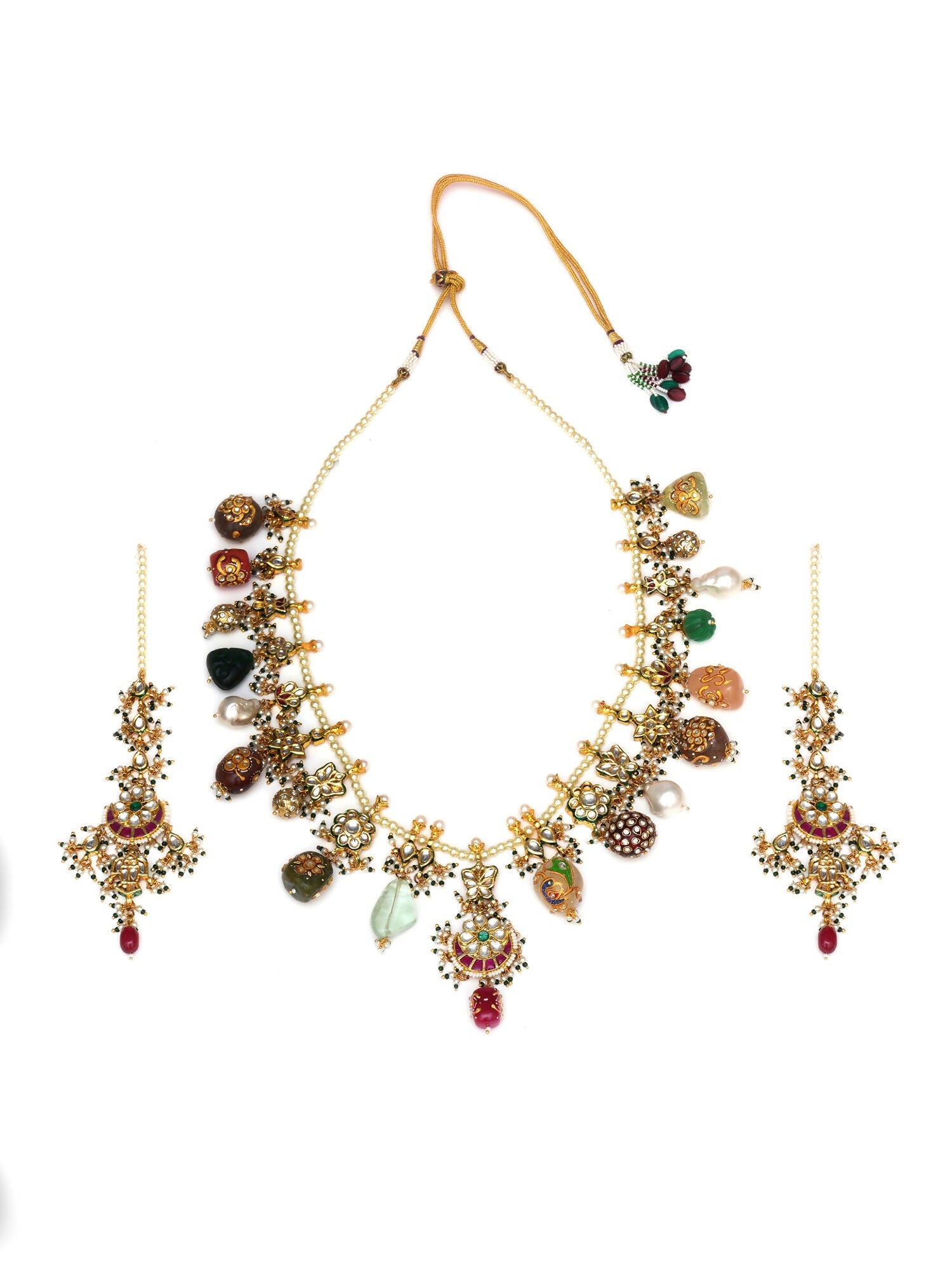 Long Kundan Neckpiece with Earrings with Multi Stones Jewellery Set (Gold) - Ruby Raang