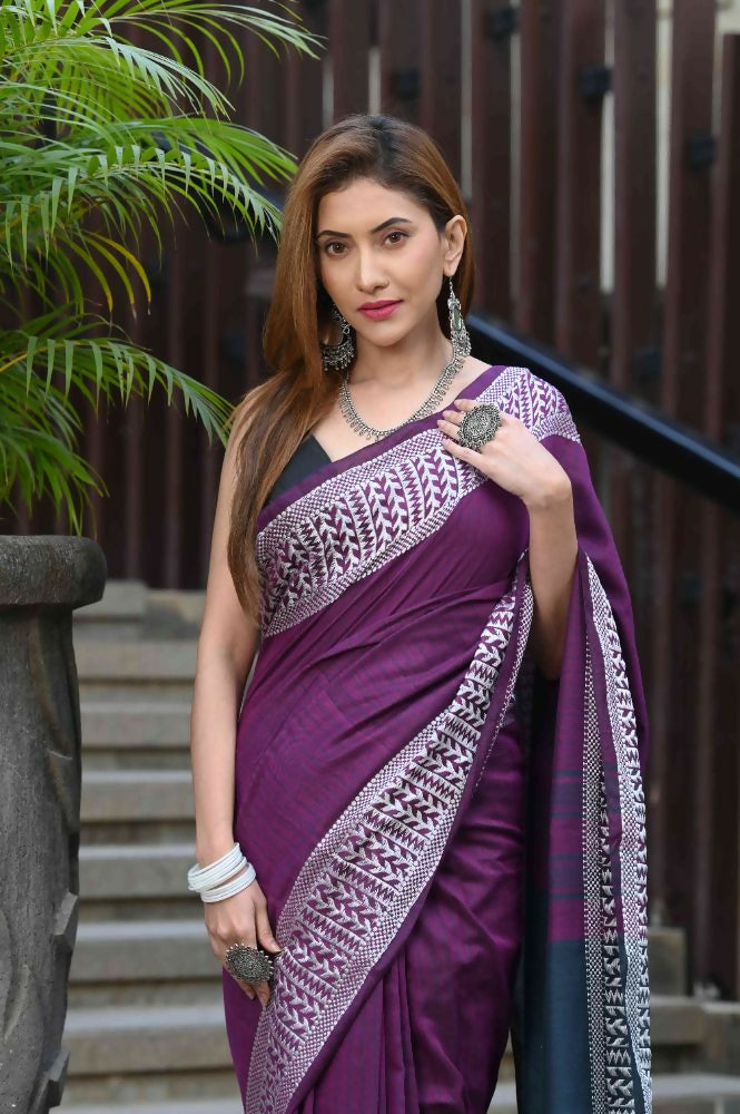 Beatitude Purple Cotton Jacqaurd Border Tangail Handloom Saree