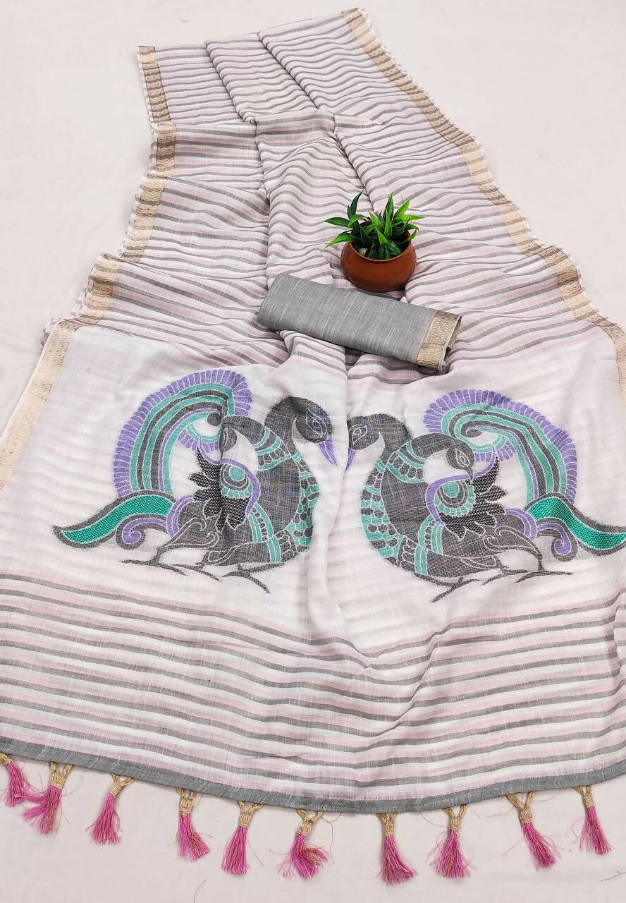 Vastranavya Grey Linen Cotton Meenakari Weaving Pallu Saree with Contrast Blouse - Distacart