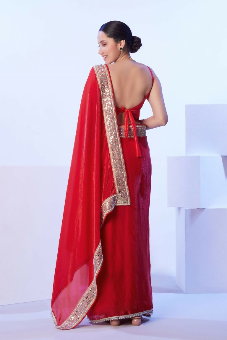 Red Satin Jimmy Choo Solid Designer & Lace Work Saree - Samaa