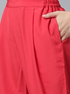 Ahalyaa Women Red Crepe Solid kurta Pant with Printed Jacket - Distacart