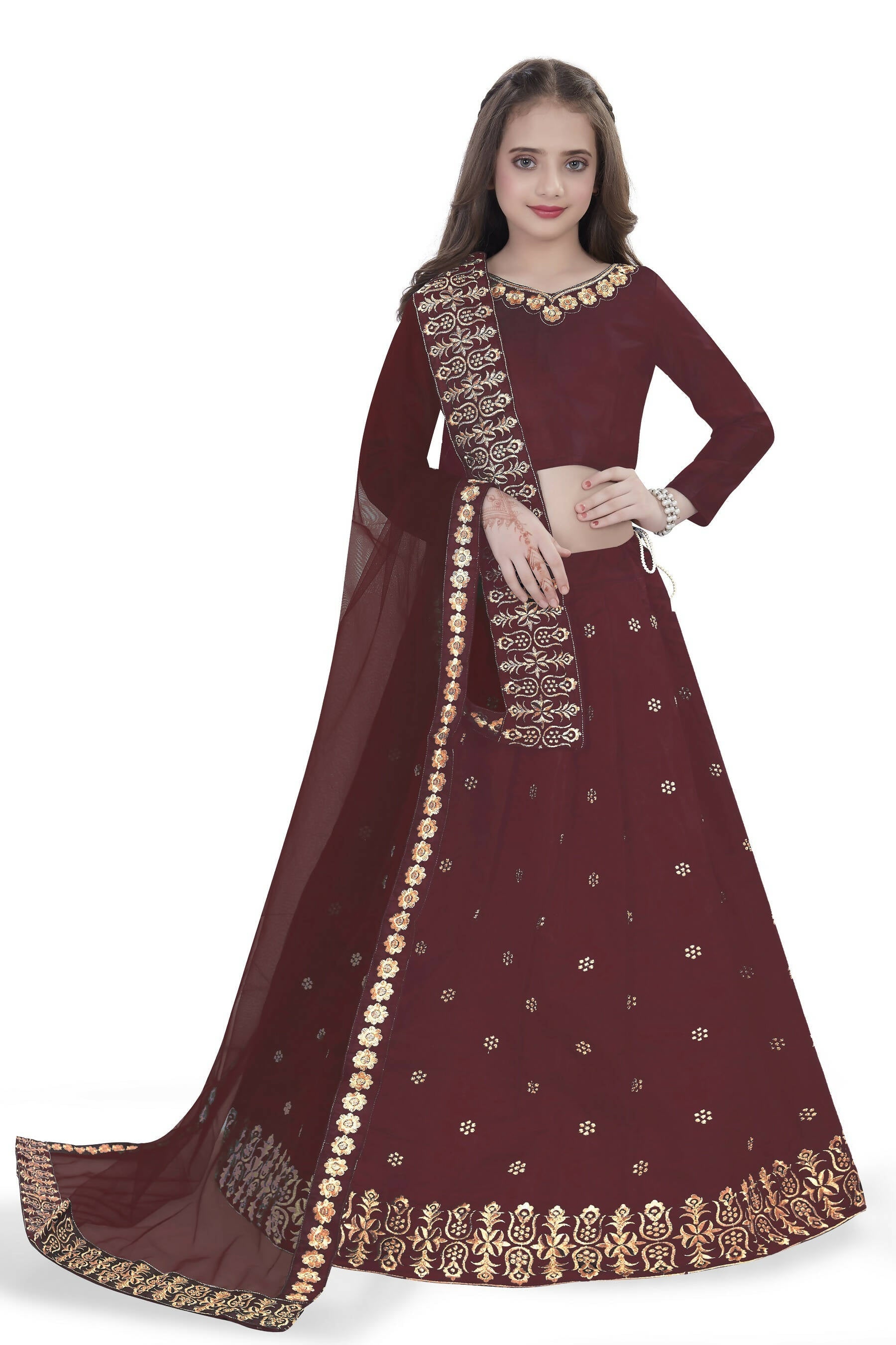 Dwiden Maroon Queen Tafetta Sattin Semi-Stitched Girl's Lehenga Choli