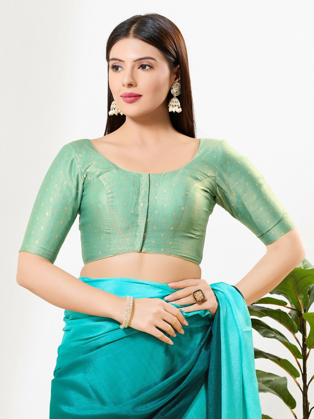 Joban Fashion Sage Green Tissue Padded Blouse With Round Neck Elbow Sleeves - Distacart