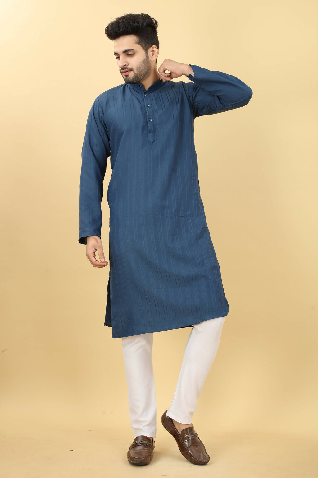 Blue Viscose Polyester Solid Men's Kurta - Mahotsav