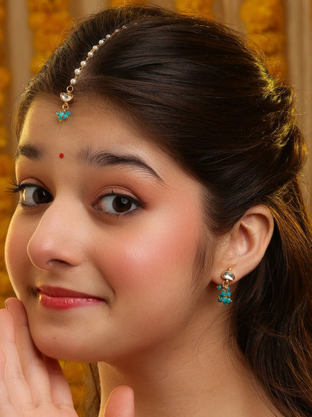 Ruby Raang Semi-Circle Gold Blue Earrings Set With Maang Tikka