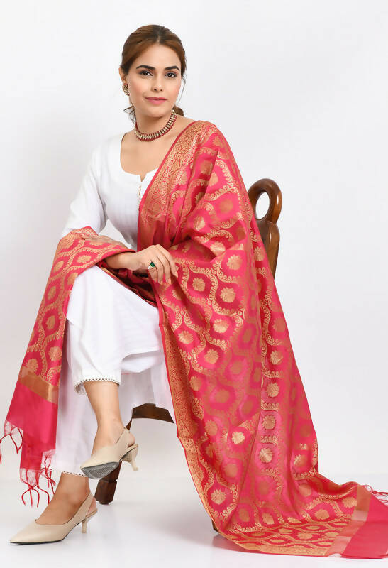 Mominos Fashion Moeza Women's Banarsi Silk All Over Woven Design Pink Dupatta - Distacart