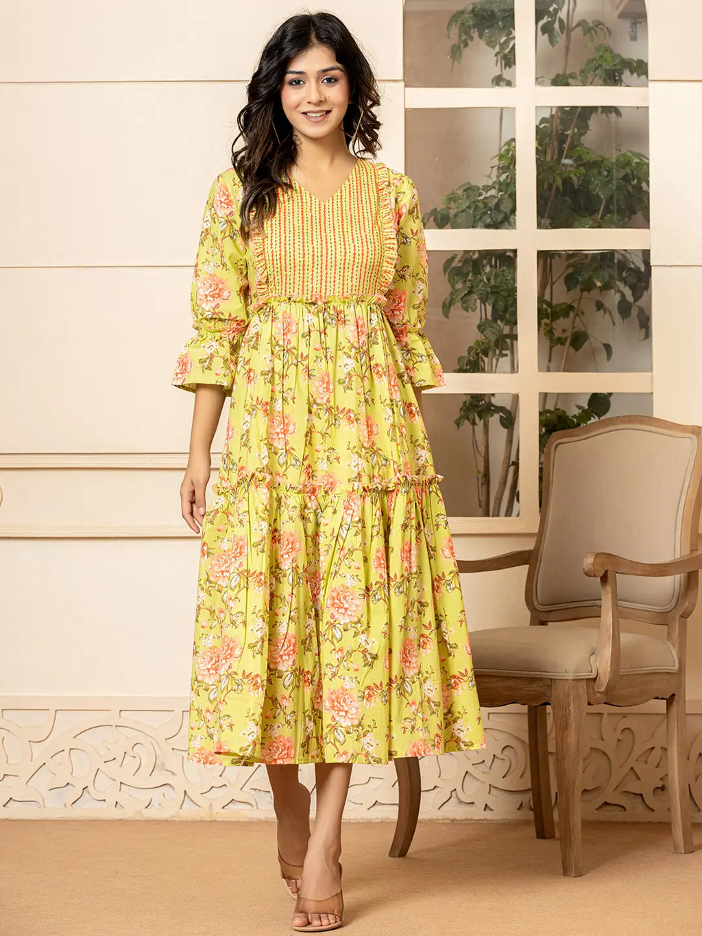 Yufta Green Cotton Floral Print Tiered Dress With Ruffles - Distacart
