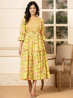 Yufta Green Cotton Floral Print Tiered Dress With Ruffles - Distacart