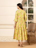 Yufta Green Cotton Floral Print Tiered Dress With Ruffles - Distacart