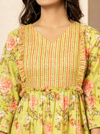 Yufta Green Cotton Floral Print Tiered Dress With Ruffles - Distacart
