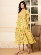 Yufta Green Cotton Floral Print Tiered Dress With Ruffles - Distacart