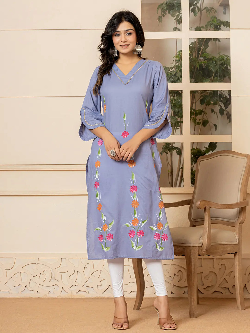 Yufta Violet Hand Painted Straight Kurta