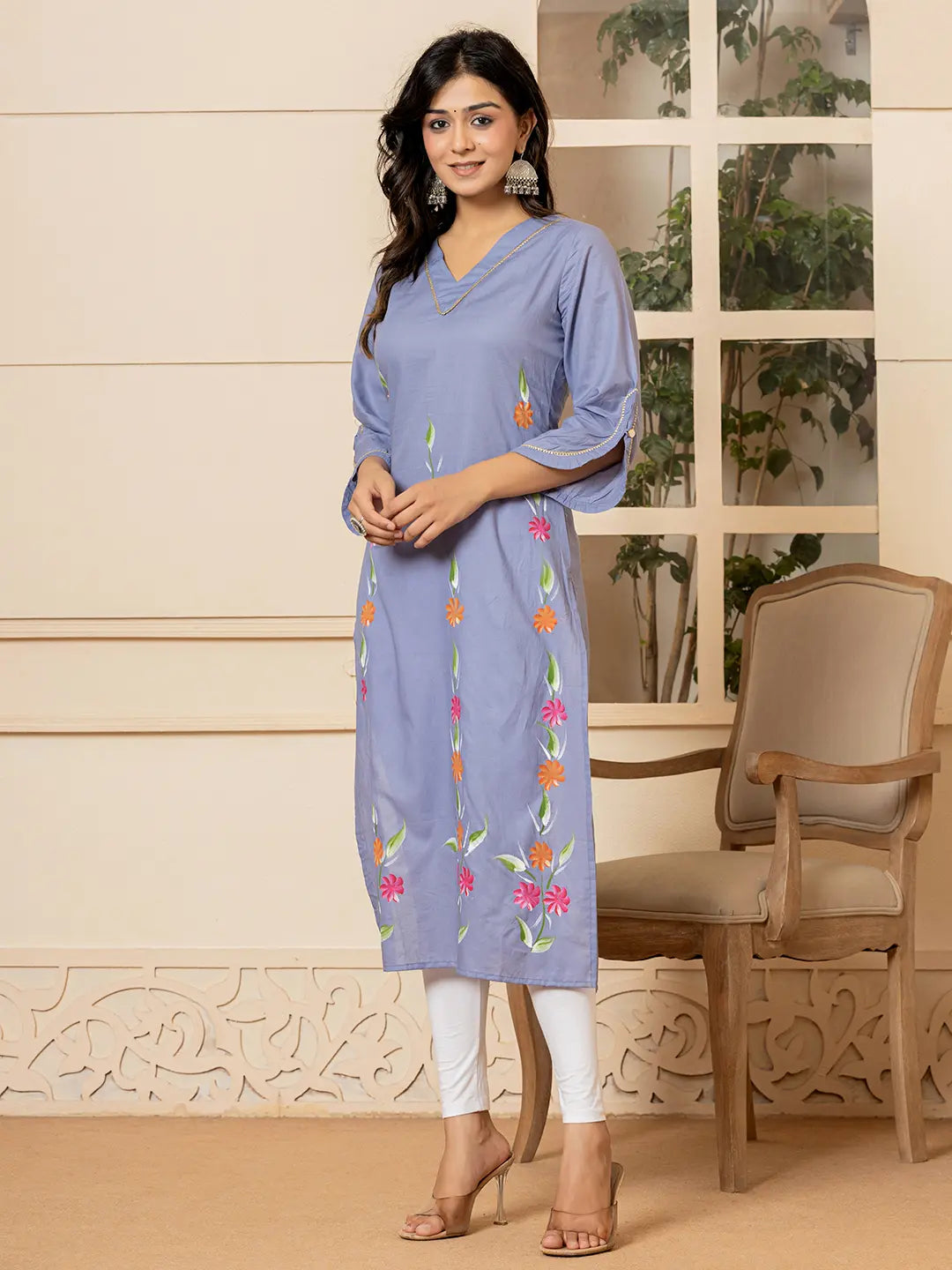 Yufta Violet Hand Painted Straight Kurta