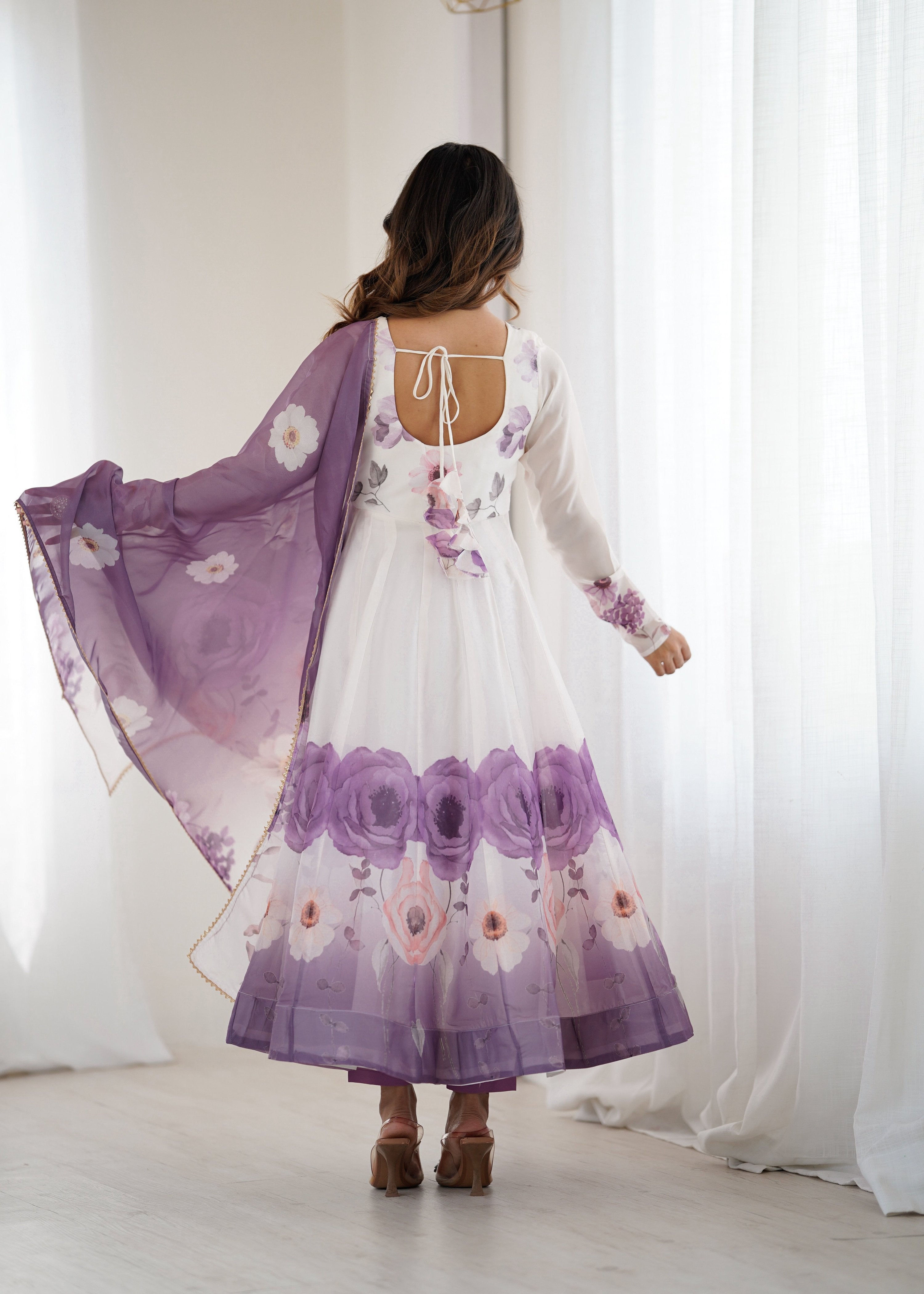 Evanik Violet Soft Organza Silk With Floral Print Fully Flared Anarkali Pant With Dupatta Set - Distacart