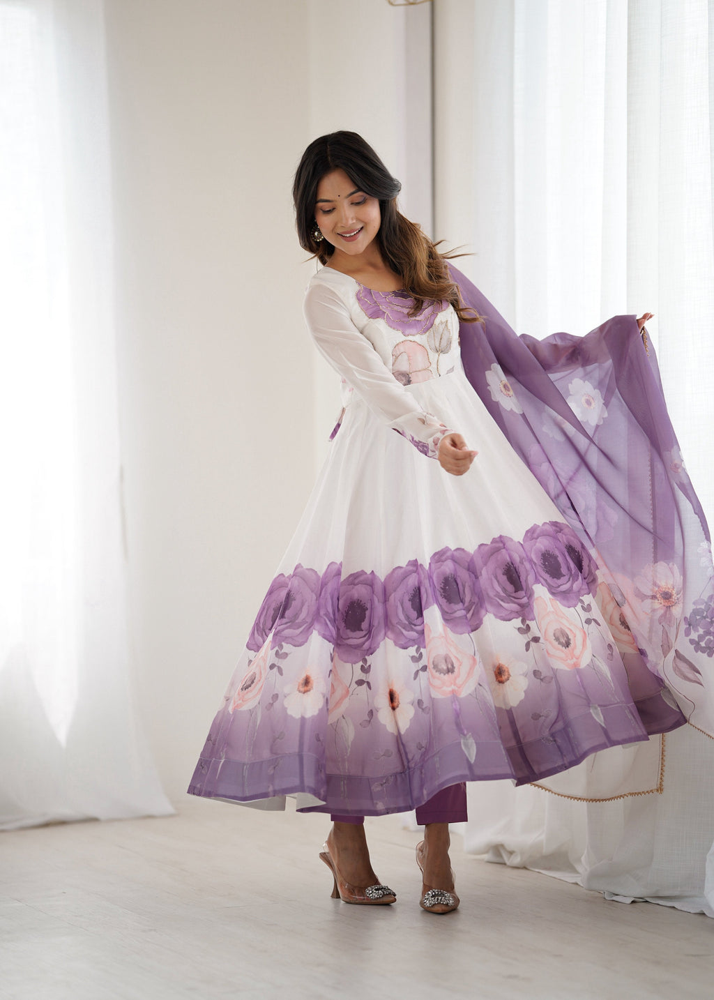 Evanik Violet Soft Organza Silk With Floral Print Fully Flared Anarkali Pant With Dupatta Set - Distacart