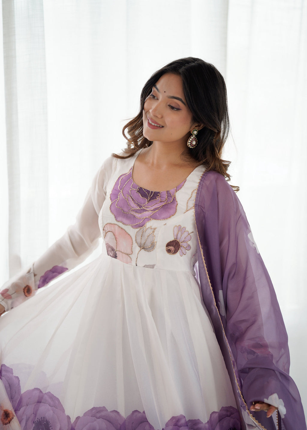 Evanik Violet Soft Organza Silk With Floral Print Fully Flared Anarkali Pant With Dupatta Set - Distacart