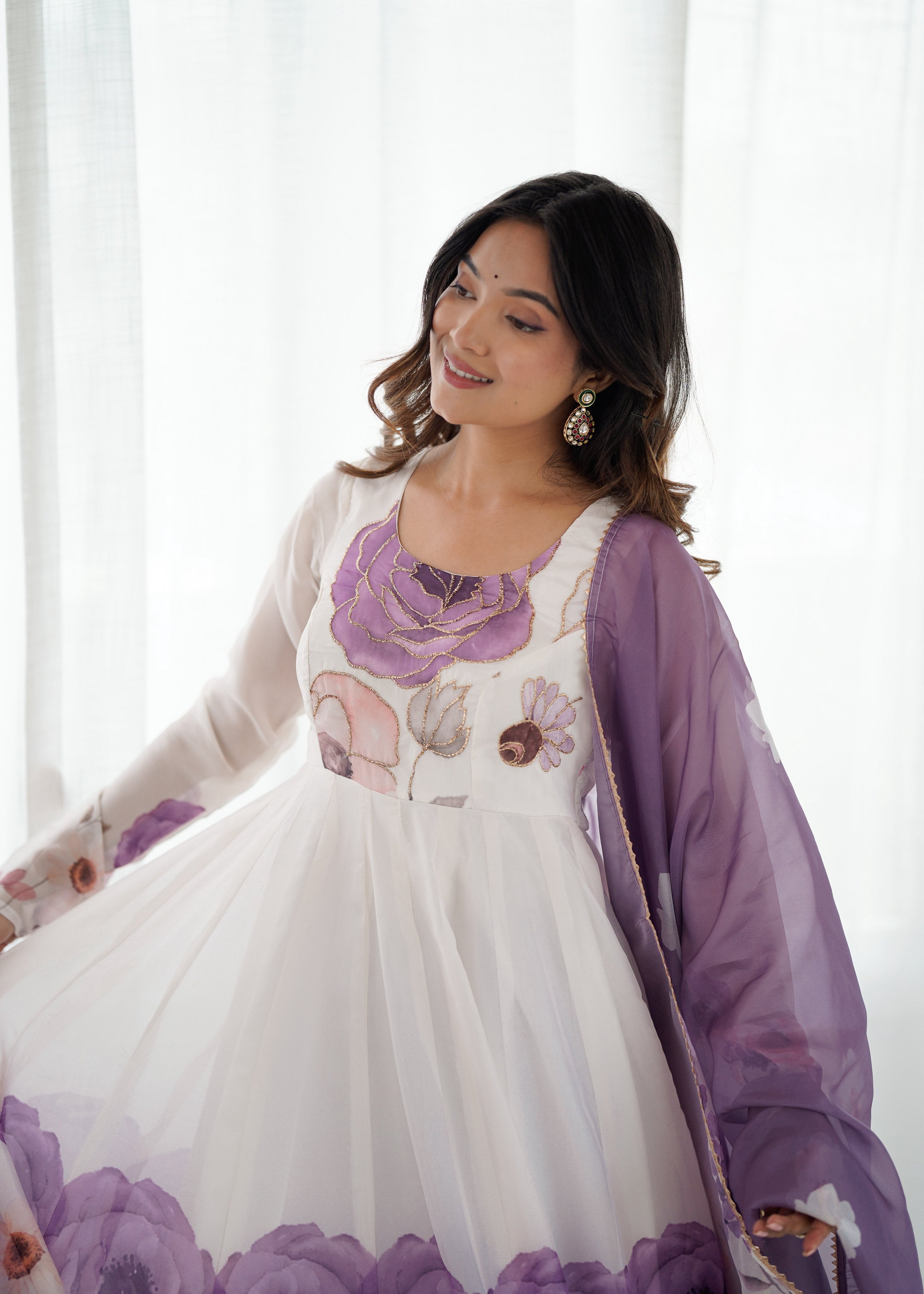 Evanik Violet Soft Organza Silk With Floral Print Fully Flared Anarkali Pant With Dupatta Set - Distacart