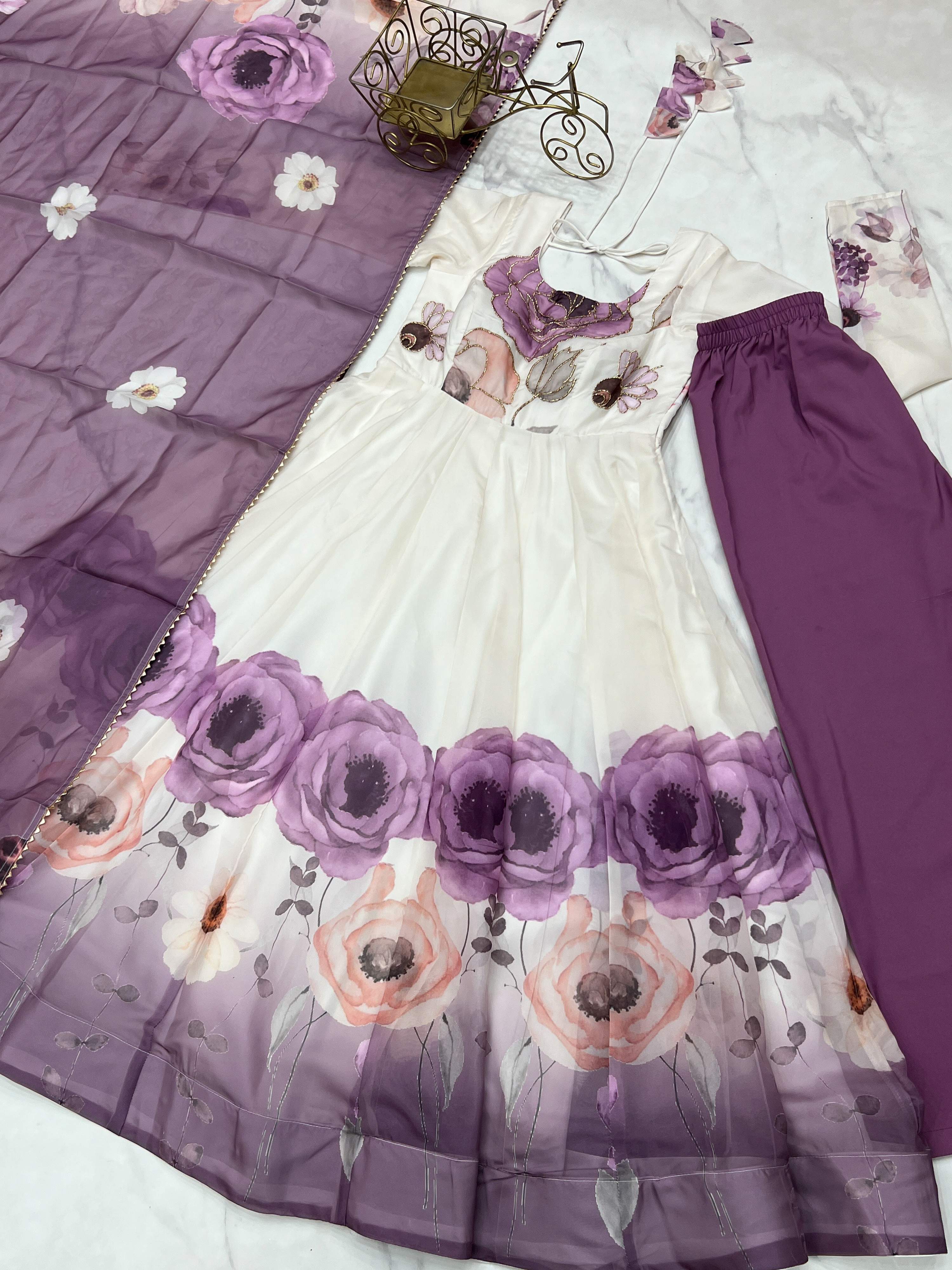 Evanik Violet Soft Organza Silk With Floral Print Fully Flared Anarkali Pant With Dupatta Set - Distacart