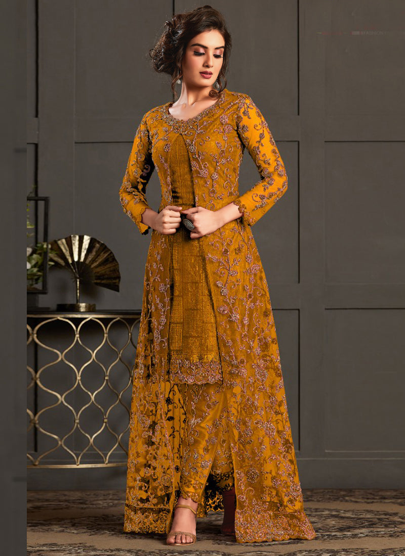 Vegaa Fashion Mustard Heavy Net Embroiderd Pakistani Suit - Distacart