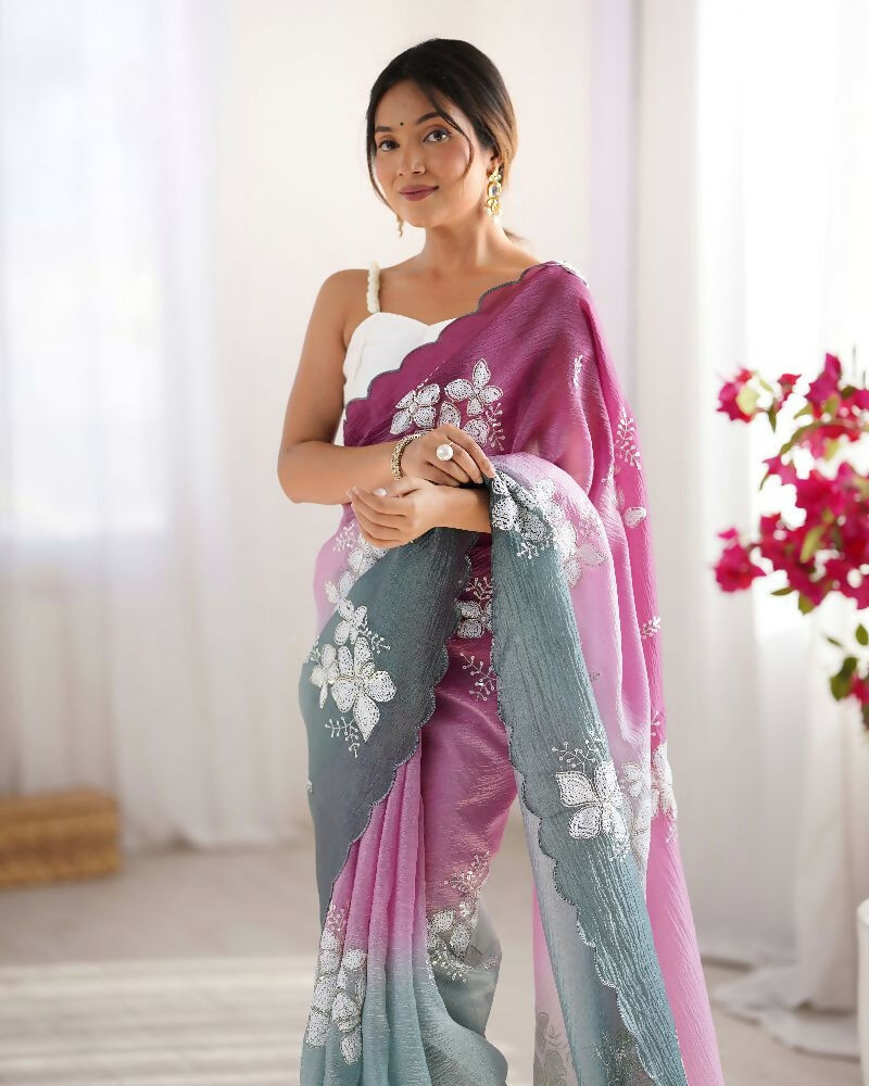 Wine and Green Crunchy Crush Pedding Color Embroidery Work Party Wear Saree - Zuleika