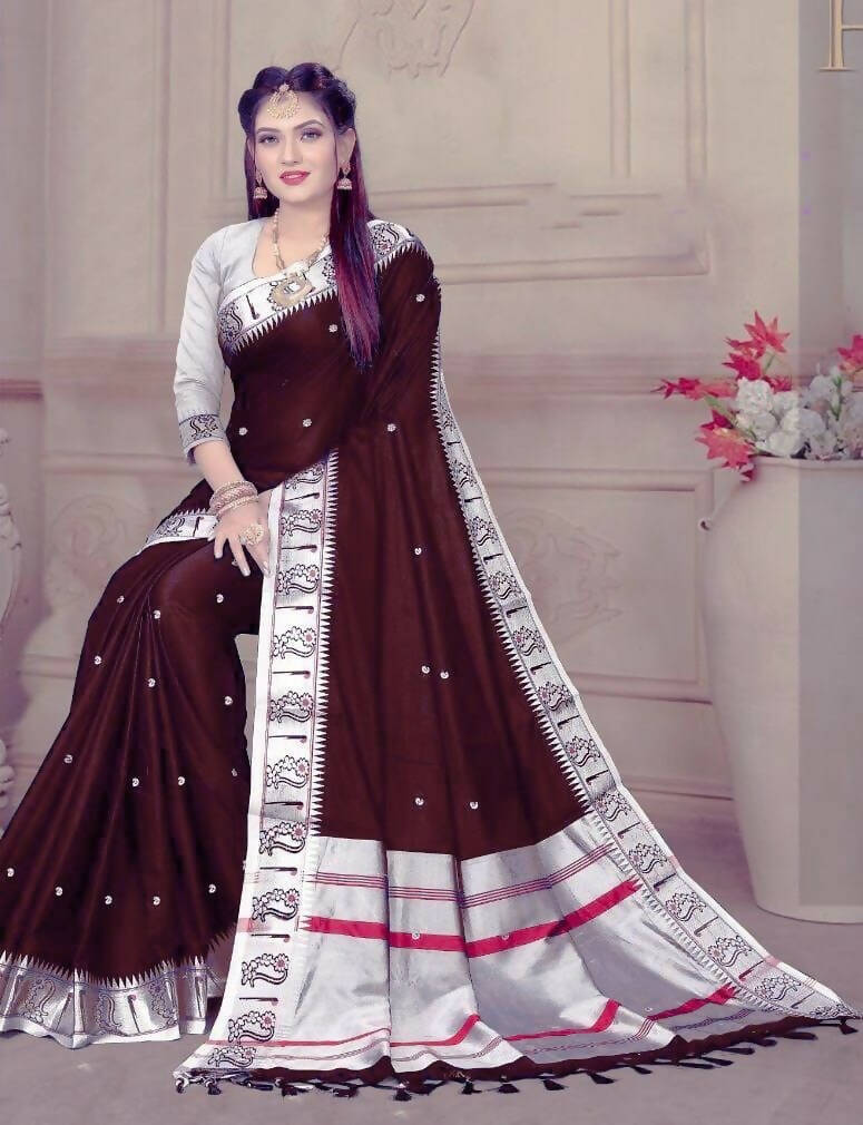 DEIANA'S Beautiful Designer Golden zari Soft Lichi Silk Saree - Wine