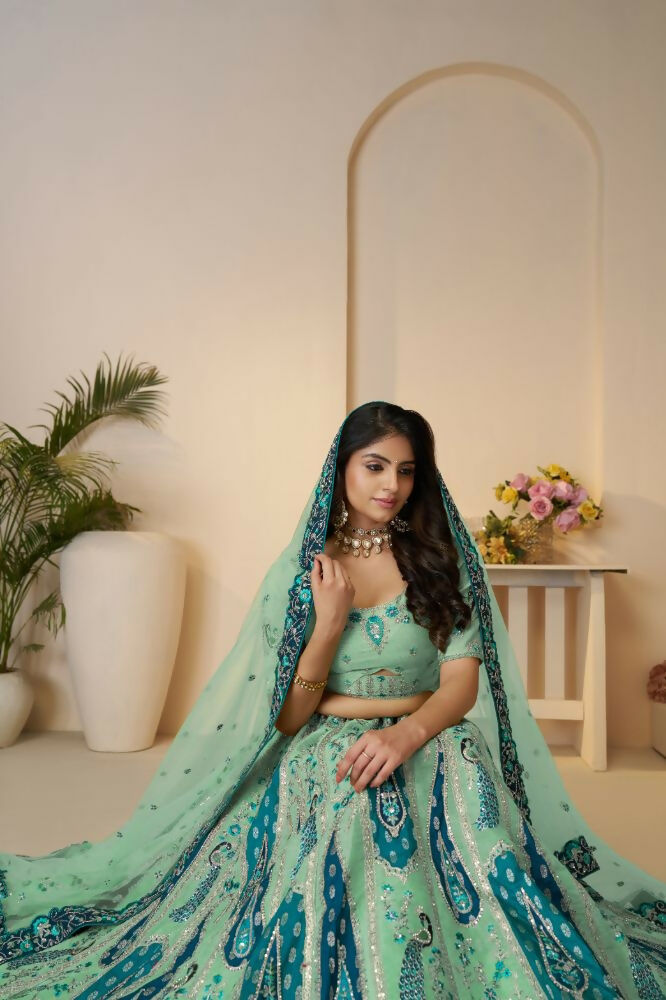 Kesar Fab Sky-Blue Banarasi Silk Embroidered Lehenga