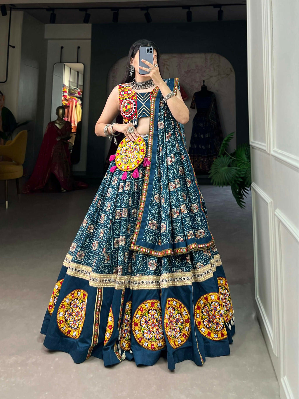 Vastranavya Navaratri Special Pure Rayon Printed With Foil Work And Gamthi Patch Work With Lace Touch Up Lehenga with Stitched Blouse - Teal