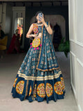 Vastranavya Navaratri Special Pure Rayon Printed With Foil Work And Gamthi Patch Work With Lace Touch Up Lehenga with Stitched Blouse - Teal