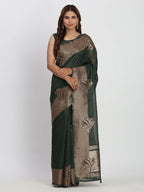 Shree Shyam Fashion Linen Cotton Dark Green Saree - Distacart