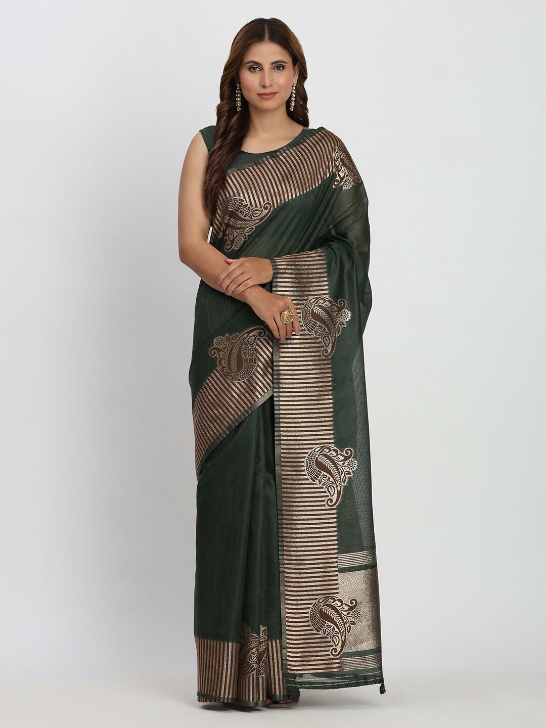Shree Shyam Fashion Linen Cotton Dark Green Saree - Distacart