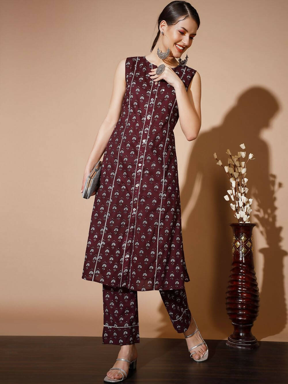 Myshka Women Rust Floral Kurta & Trousers - Distacart