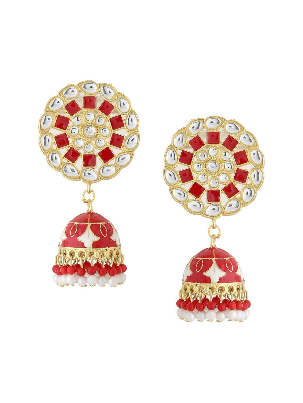 NVR Women Gold Plated Red Dome Shaped Meenkari Jhumkas Earrings - Distacart
