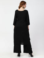 Cheera Women's Black Rayon Slub Kurta Palazzo Organza Silk Dupatta Set