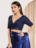 Joban Fashion Navy Blue Sequin Padded Blouse With V Neck Elbow Sleeves - Distacart