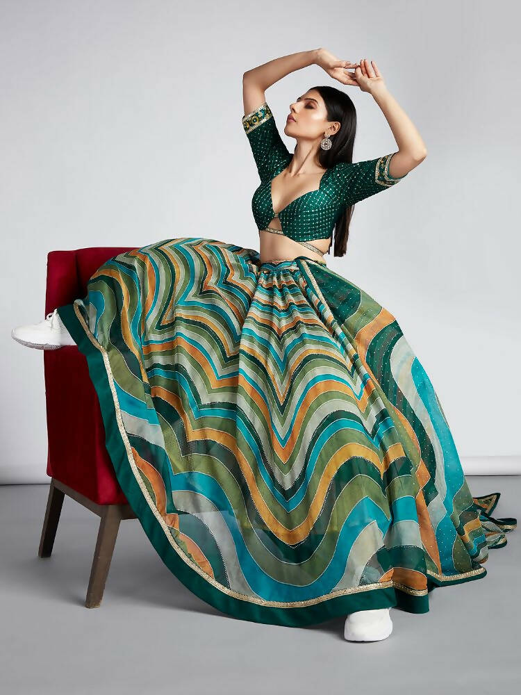 House of Panchhi Green Organza Siroski Stone Work Leheriya Print Lehenga Choli & Dupatta