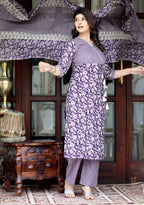 Miravan Women's Floral Block Printed Purple Angrakha Kurta And Palazzo With Dupatta Set