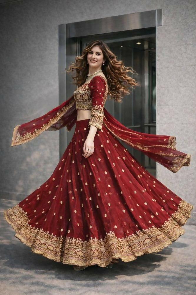 Teeya Creation Maroon Color Fendy Satin Heavy Embroidery Work Wedding Wear Stitched Lehenga Choli - Distacart