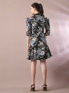 Myshka Women's Black Printed Shirt Collar Fit and Flare Party Dress - Distacart