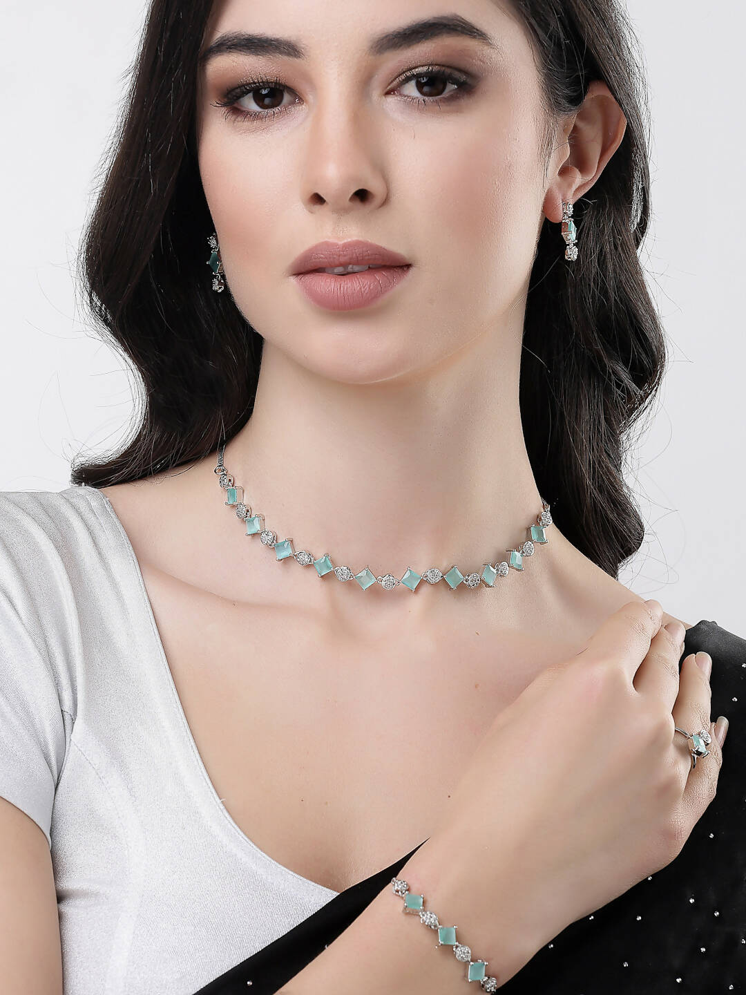 NVR Women Silver Plated & Blue Cz Stone Handcrafted Jewellery Set