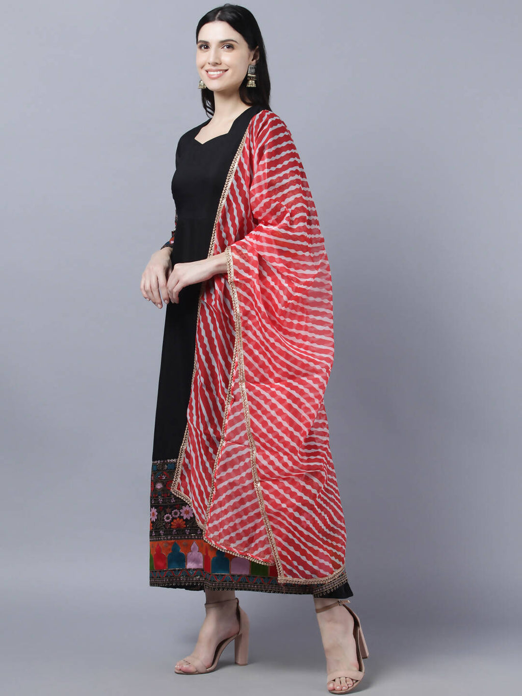 Myshka Women Black Embroidered Detail Anarkali Kurta With Dupatta - Distacart