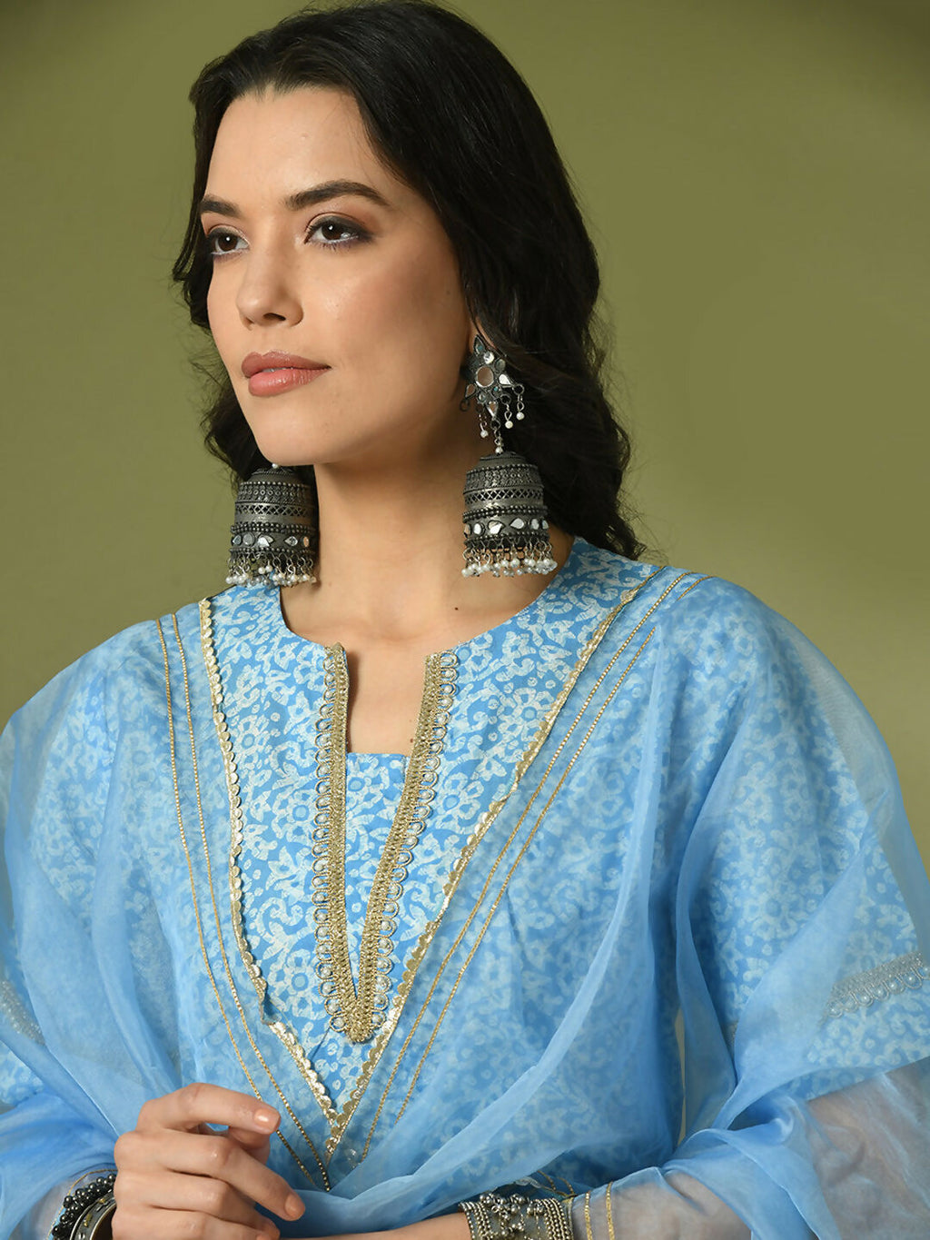 Myshka Women's Blue Printed Cotton Straight Party Kurta Set With Dupatta