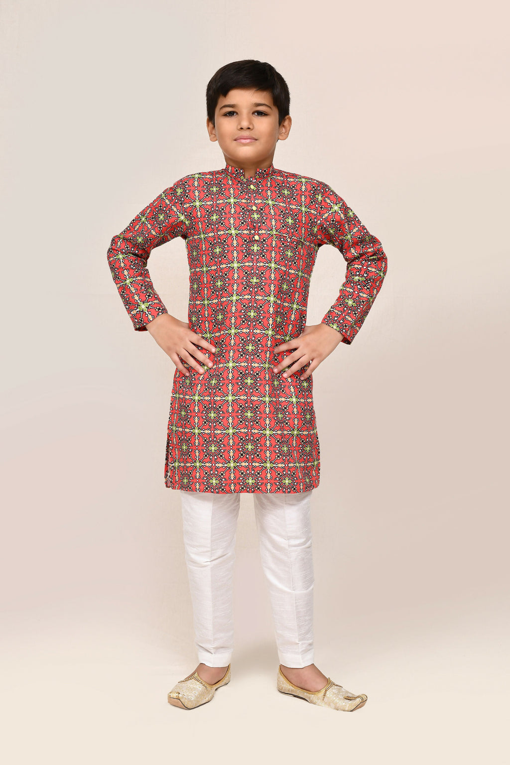 Joban Fashion Cotton Red Kurta With Straight Fit Pant