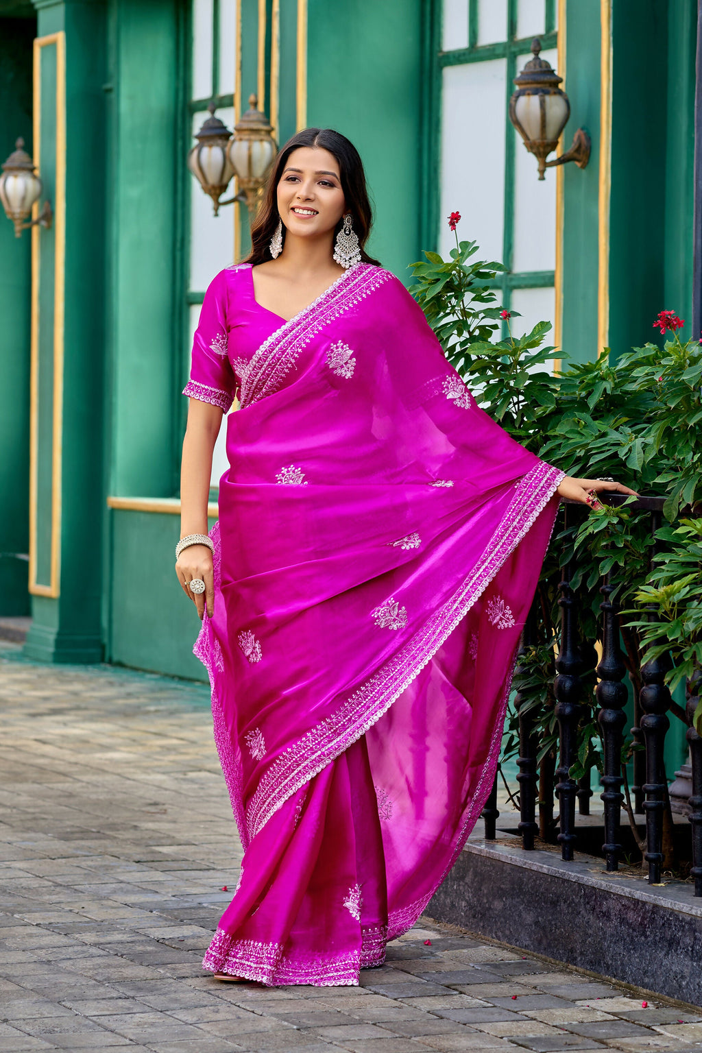 Vastranavya Pink Embroidery Work Shimmer Chiffon Saree with Unstitched Blouse - Distacart