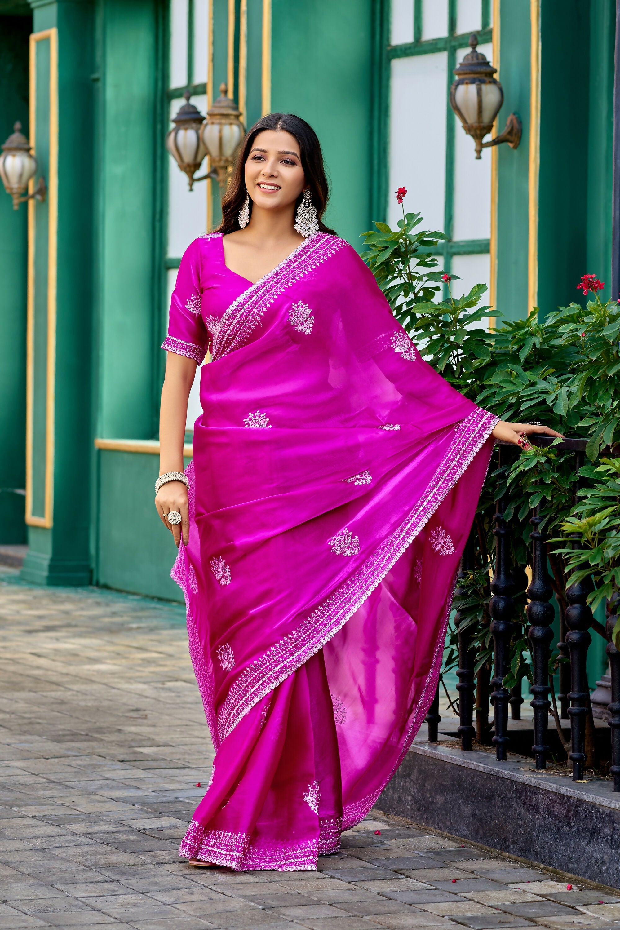 Vastranavya Pink Embroidery Work Shimmer Chiffon Saree with Unstitched Blouse - Distacart